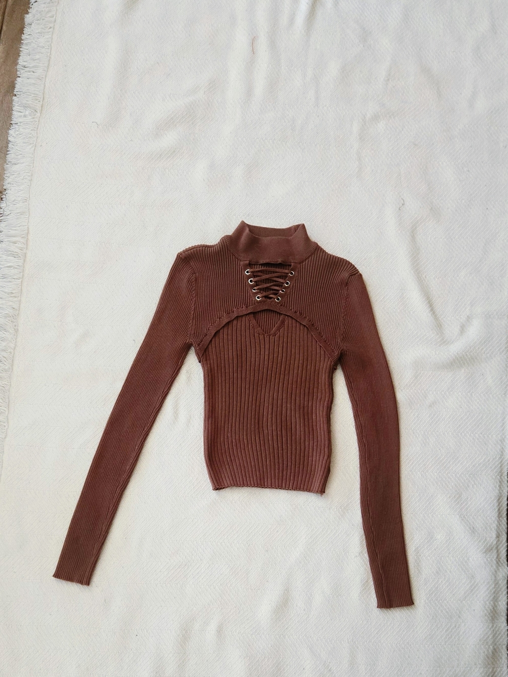 Women's Brown Ribbed Lace-Up Mock Neck Top